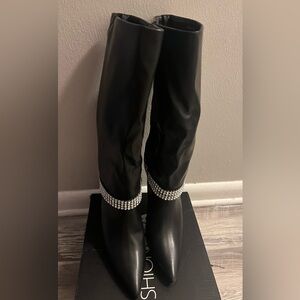 Fashion Nova Black Heeled Boots with Rhinestone Accent